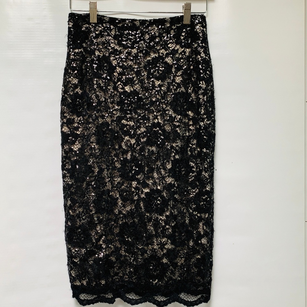 NWT! BELLE BADGLEY MISCHKA Black Sequin Lace Skirt